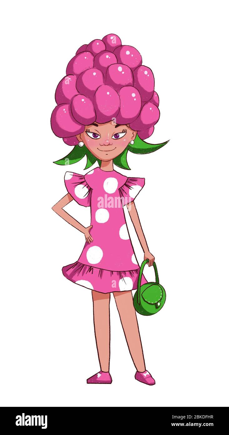 Fashion Girl in a fancy dress raspberry berries. Children love sweet  berries. Character in cartoon style illustration Stock Photo - Alamy