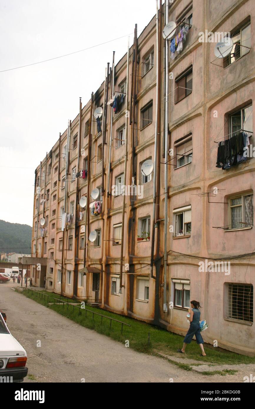 Communist -era apartment buildings for factory workers and their families in Zarnesti, Romania Stock Photo