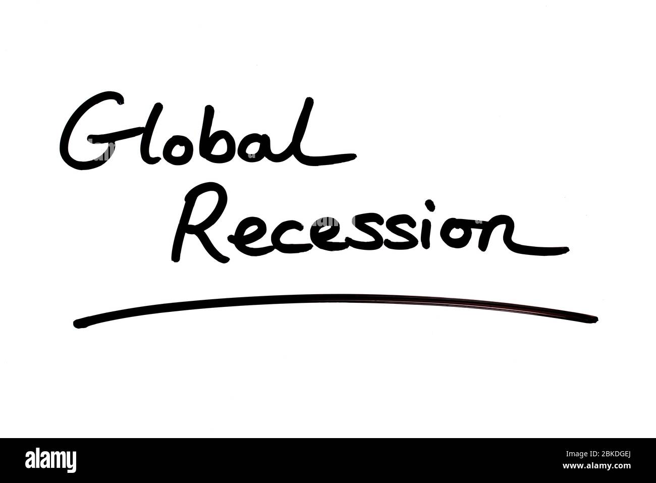 Global Recession handwritten on a white background. Stock Photo