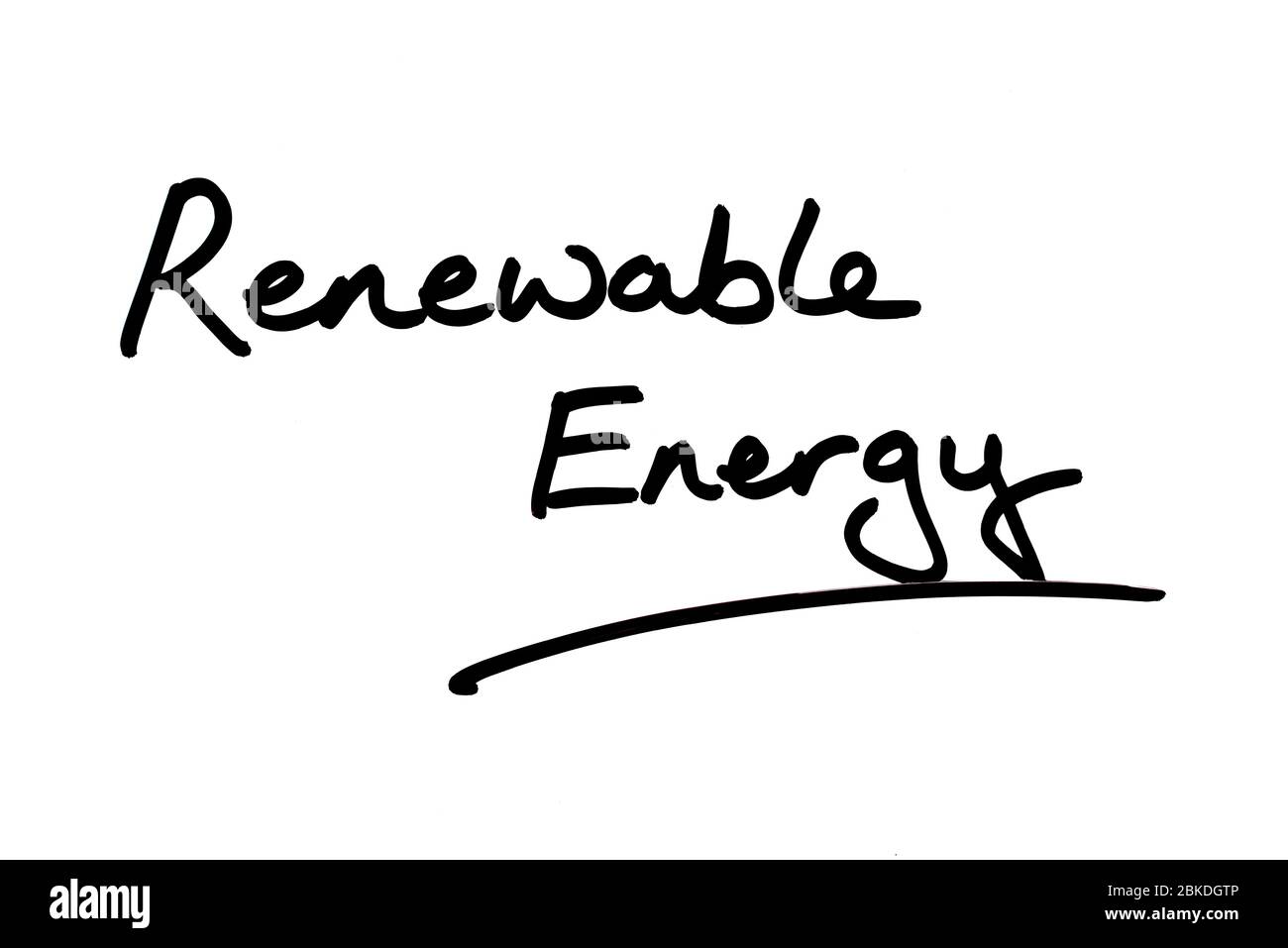 Renewable Energy handwritten on a white background. Stock Photo