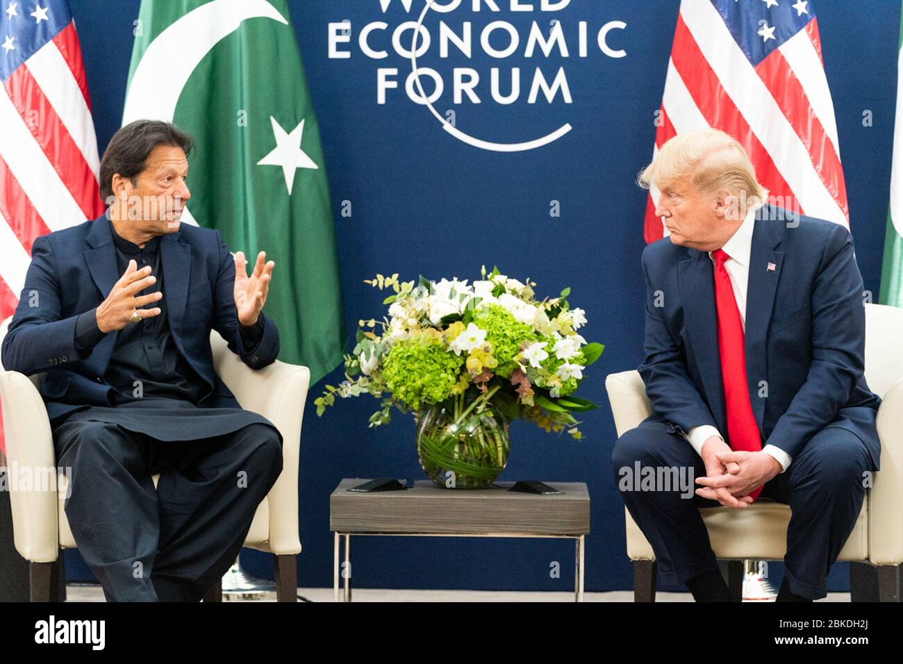 President Donald J. Trump meets with the Prime Minister of the Islamic Republic of Pakistan Imran Khan Tuesday, Jan. 21, 2020, at the Davos Congress Centre in Davos, Switzerland. President Trump at Davos Stock Photo