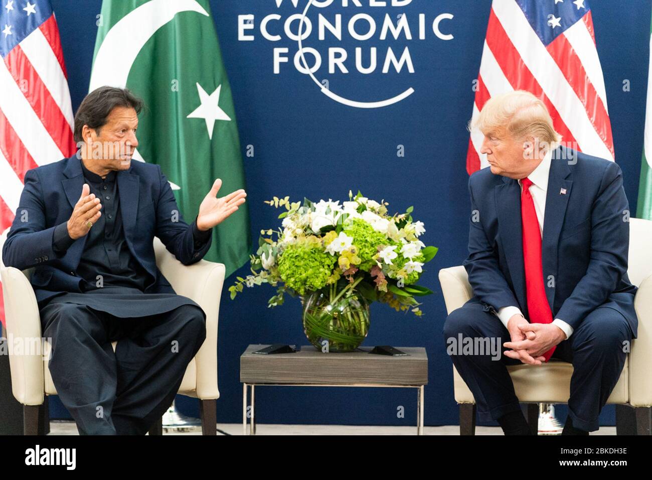 President Donald J. Trump meets with the Prime Minister of the Islamic Republic of Pakistan Imran Khan Tuesday, Jan. 21, 2020, at the Davos Congress Centre in Davos, Switzerland. President Trump at Davos Stock Photo