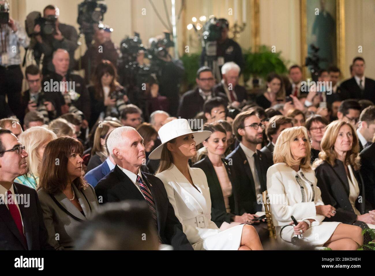 President Trump held a joint press conference with French President Emmanuel Macron during an official state visit to the U.S. Stock Photo