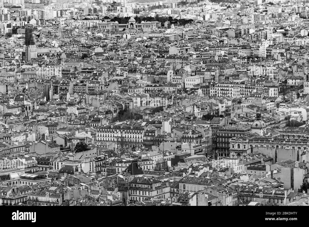 Black and white aerial view of Marseille historic center seen from Notre Dame de la Garde viewpoint, France Stock Photo