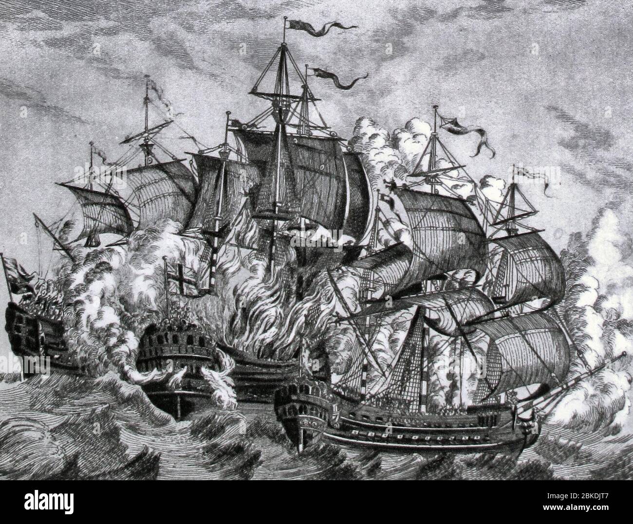 HMS Devonshire exploding during The Battle of the Lizard - 21 October 1707 Stock Photo