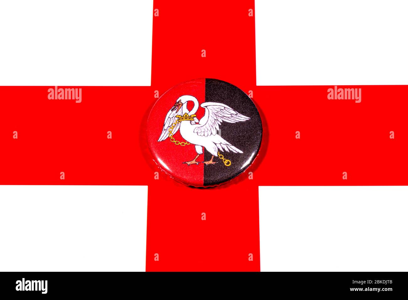A badge portraying the flag of the English county of Buckinghamshire pictured over the England flag. Stock Photo