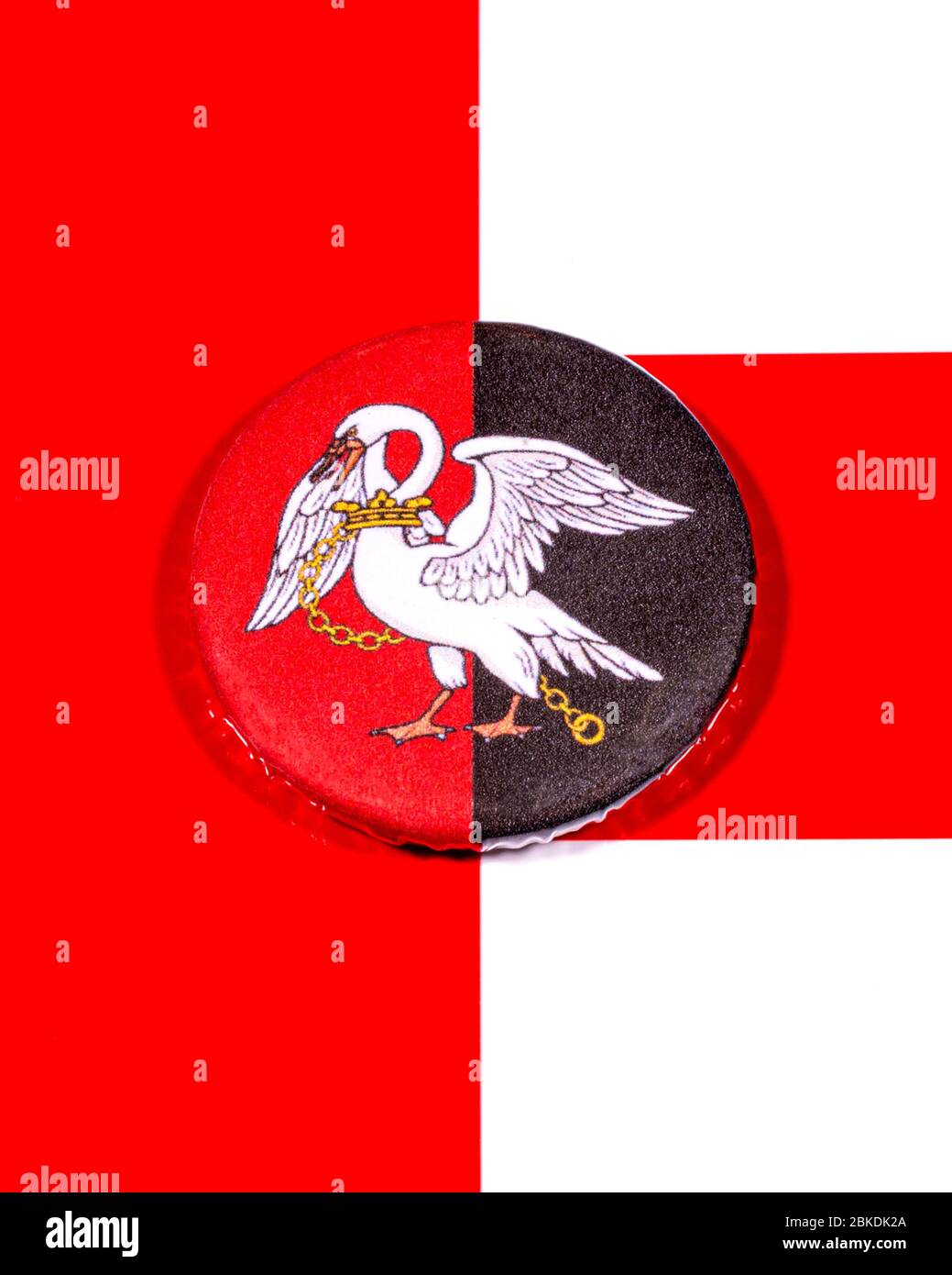 A badge portraying the flag of the English county of Buckinghamshire pictured over the England flag. Stock Photo
