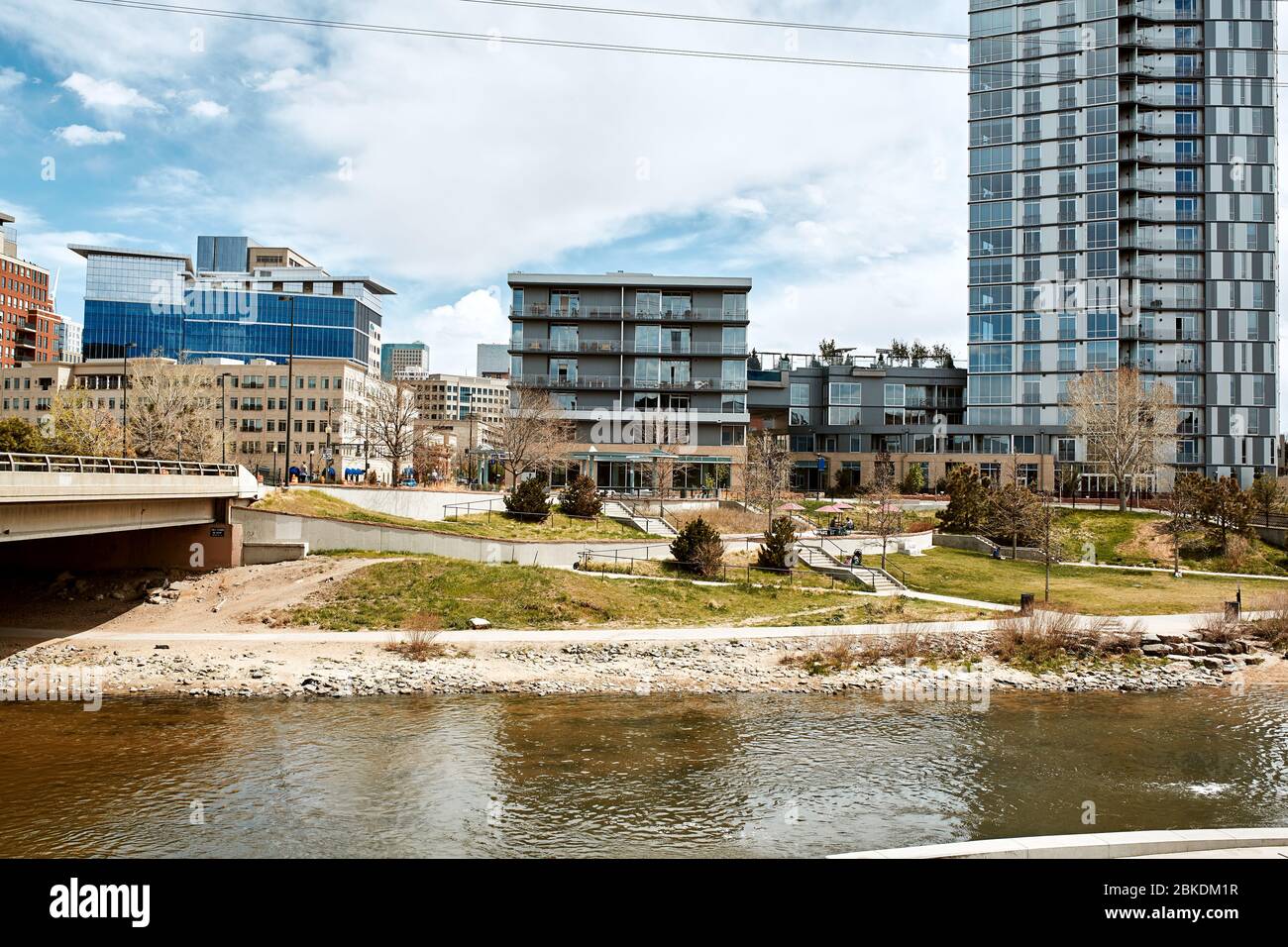 South Platte River surrounded by apartments and office buildings at