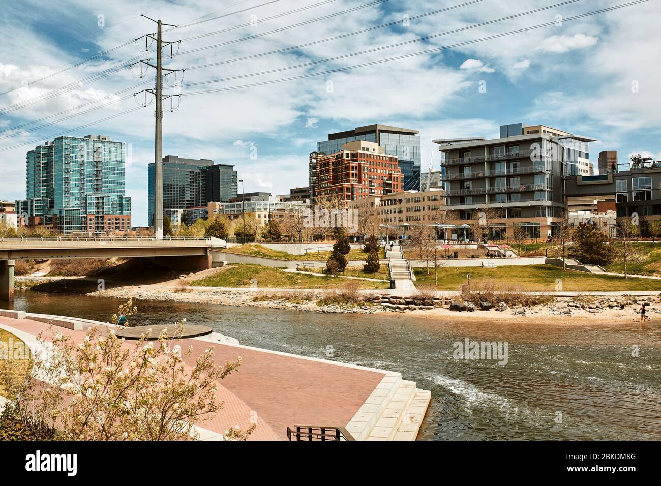 South Platte River surrounded by apartments and office buildings at