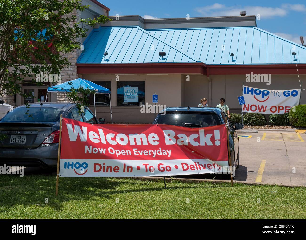 Lake Jackson, United States. 03rd May, 2020. A sign in front of an IHOP restaurant in Lake Jackson, Texaas on Sunday, May 3, 2020 lets customers know that the dining room is now open, in addition to 'to go' and delivery orders. Restaurants in Texas were allowed to reopen their diving rooms at 25% capacity starting on May 1st as the state began easing restrictions based on COVID-19. Photo by Trask Smith/UPI Credit: UPI/Alamy Live News Stock Photo