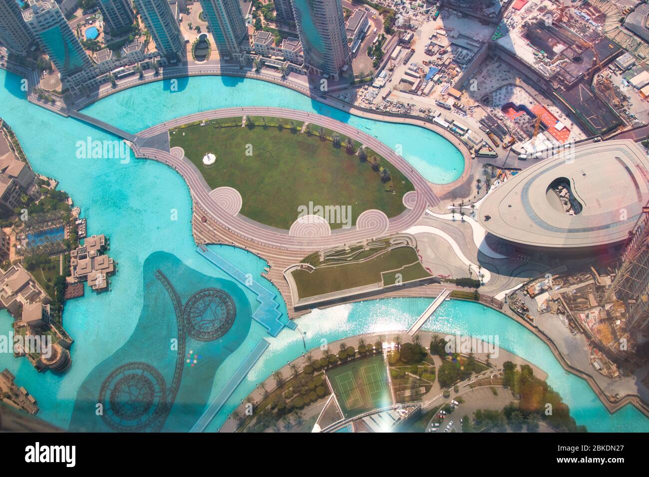 Aerial View of Dubai with Dubai fountain in front of Dubai Mall Stock