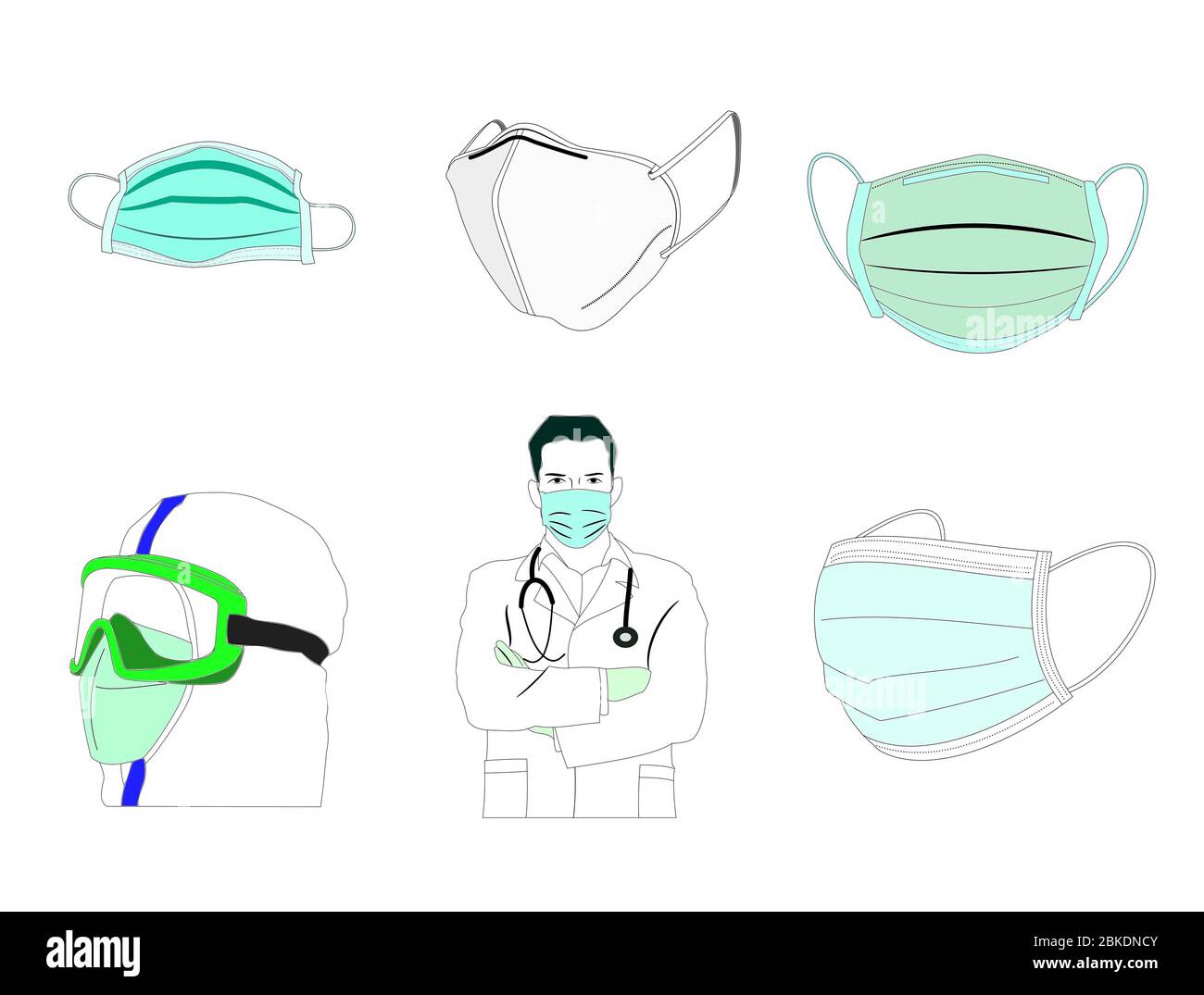 Set of illustrations for medical masks and doctor in Covid19 crisis Stock Photo