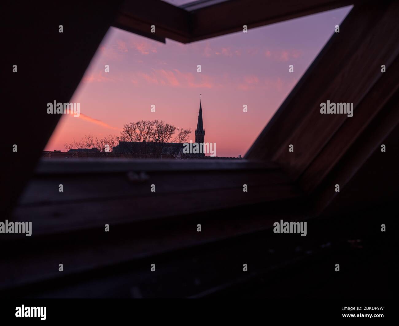 Close up view through open roof window. Cathedral and tree on sunset sky background. The Hague, Netherlands Stock Photo