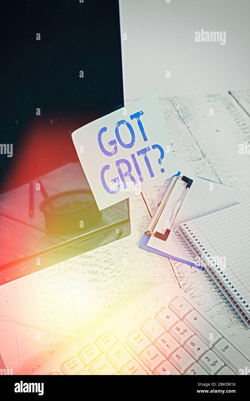 Word writing text Got Grit Question. Business photo showcasing A hardwork with perseverance towards the desired goal Note paper taped to black compute Stock Photo