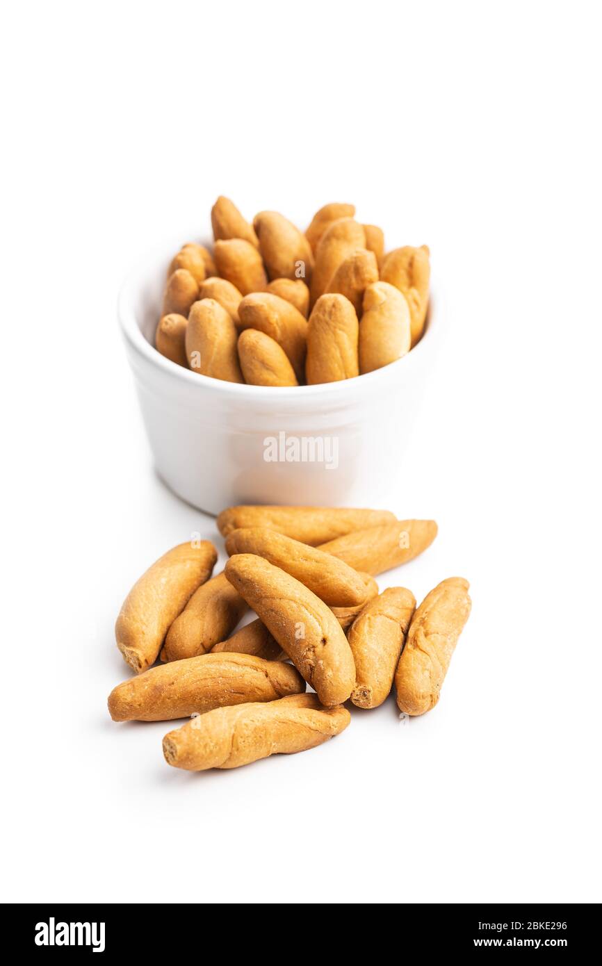 Mini bread sticks isolated on white background. Stock Photo