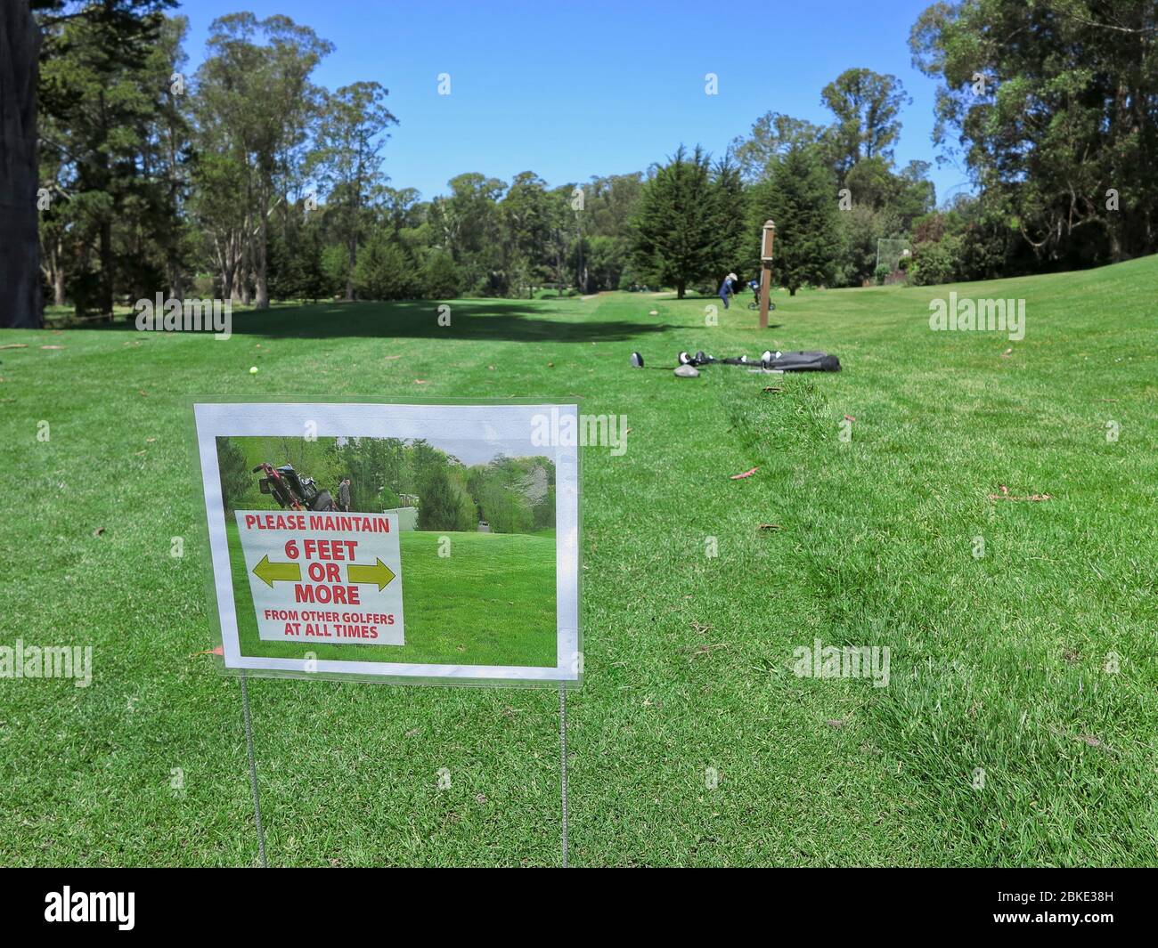 Santa Cuz, CA, USA. 3rd May, 2020. Golf re-starts in California before restrictions are totally lifted post Coronavirus pandemic. Golfers must stay 6 feet apart and play in two balls, no cart sharing and no picking balls out of the hole. Credit: Motofoto/Alamy Live News Stock Photo