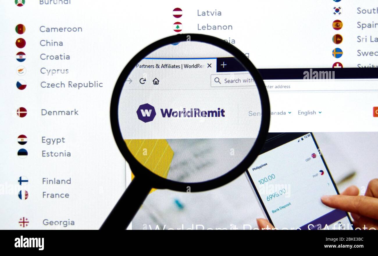 Montreal, Canada - May 2, 2020: Worldremit logo and web site. WorldRemit is an online money transfer service that provides international remittance se Stock Photo