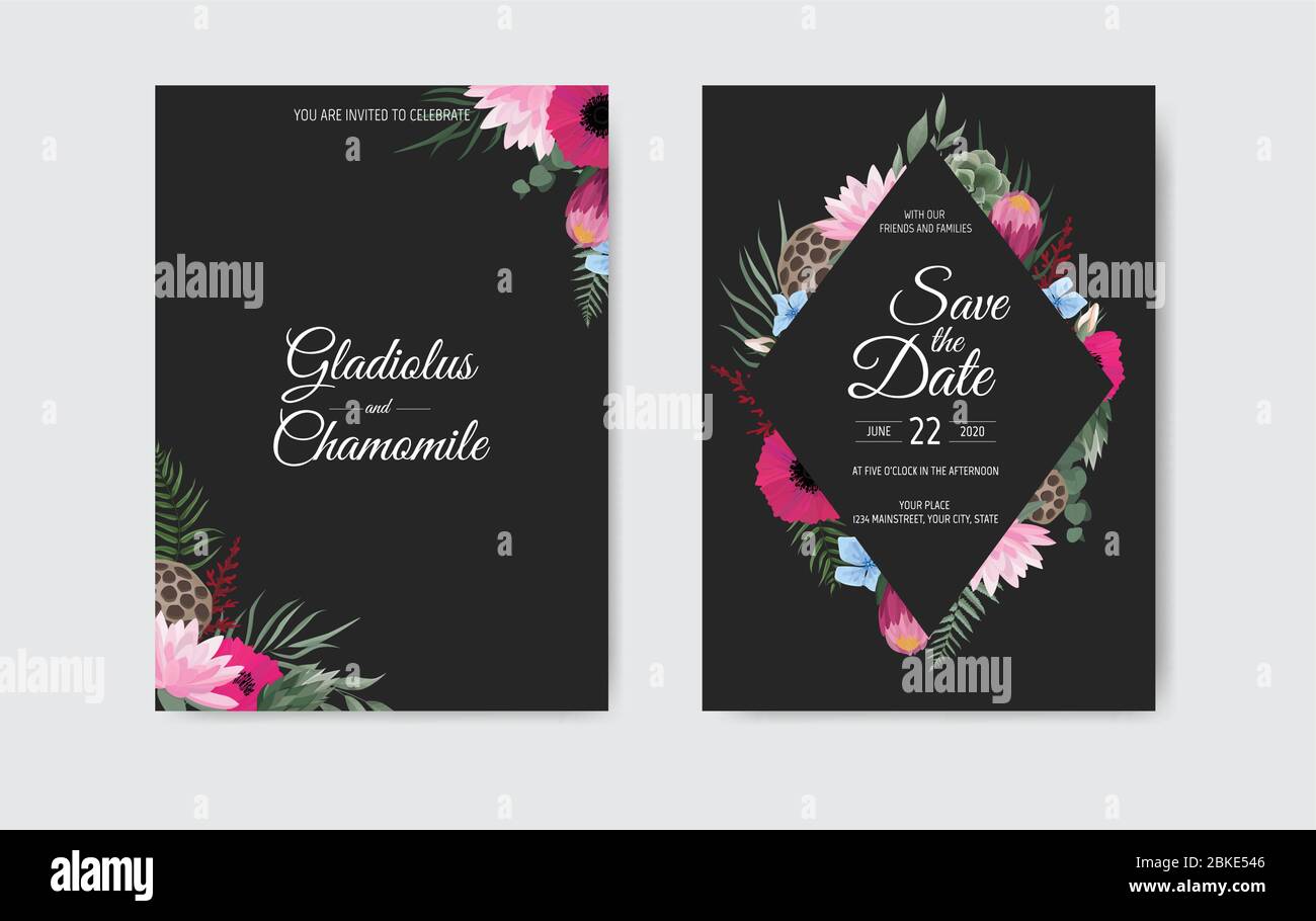 Botanical wedding invitation card template design, white and pink ...