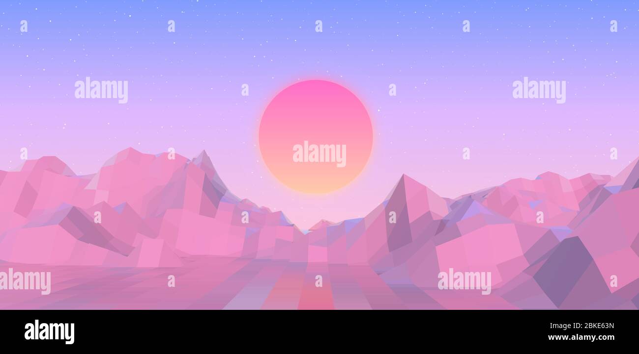 Abstract vaporwave landscape with sun rising over pink mountains and ...