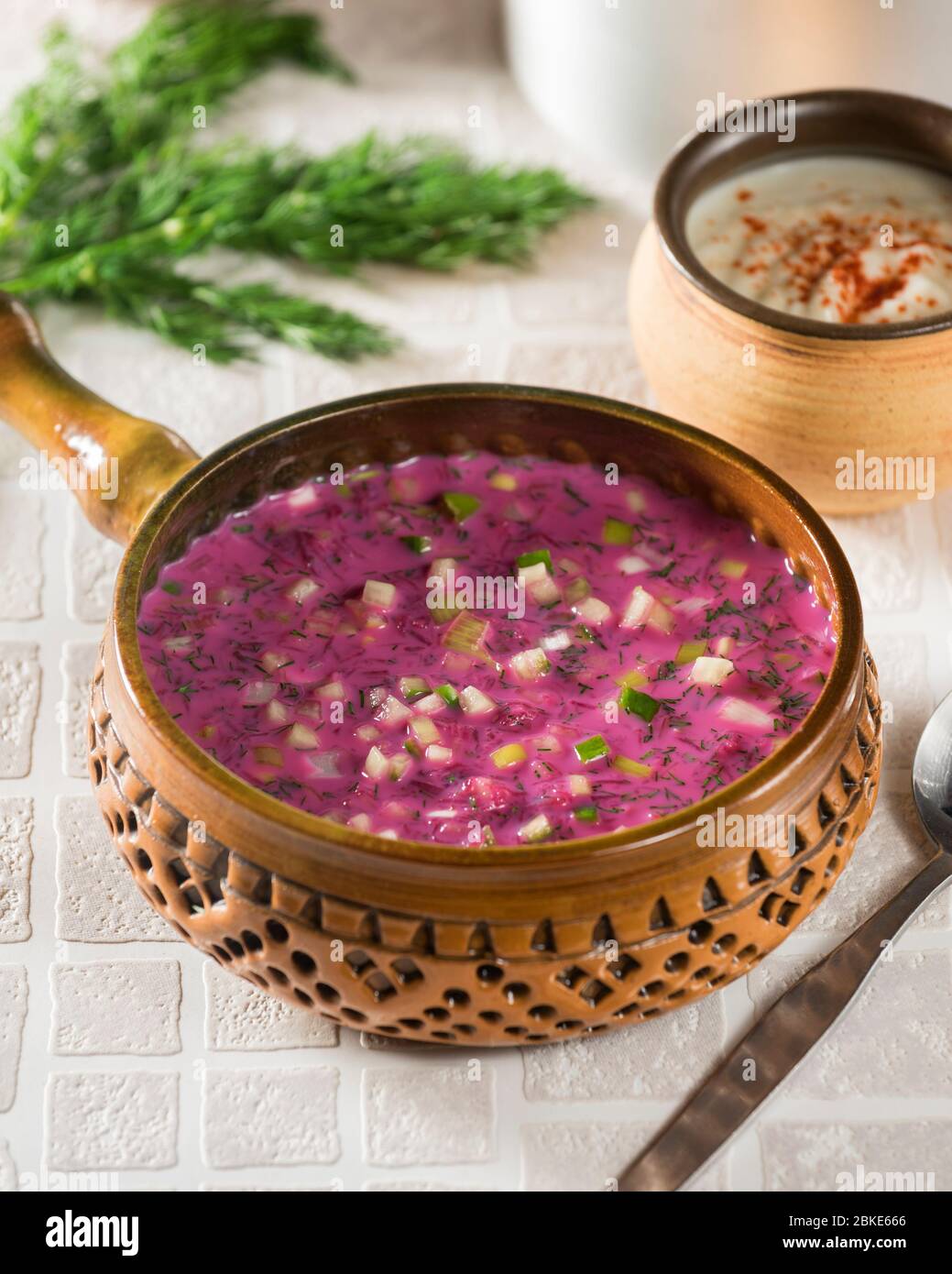 Holodnik. Chilled beetroot soup. Russia Food Stock Photo