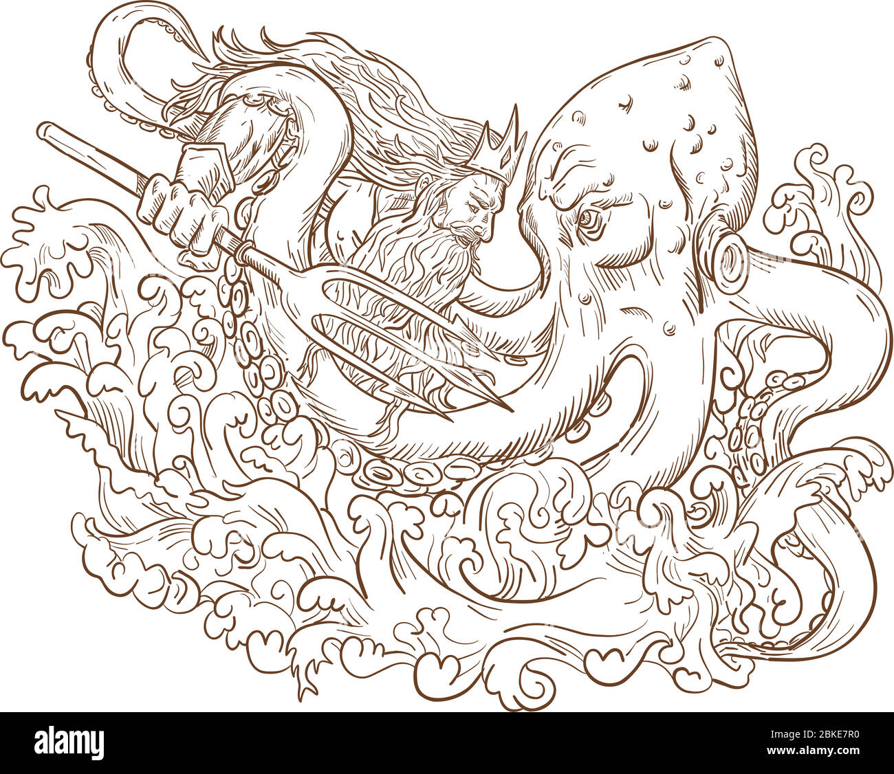 Drawing sketch style illustration of Roman god Neptune or Poseidon, Greek god of the sea, with trident and crown fighting a Kraken, giant octopus on i Stock Vector