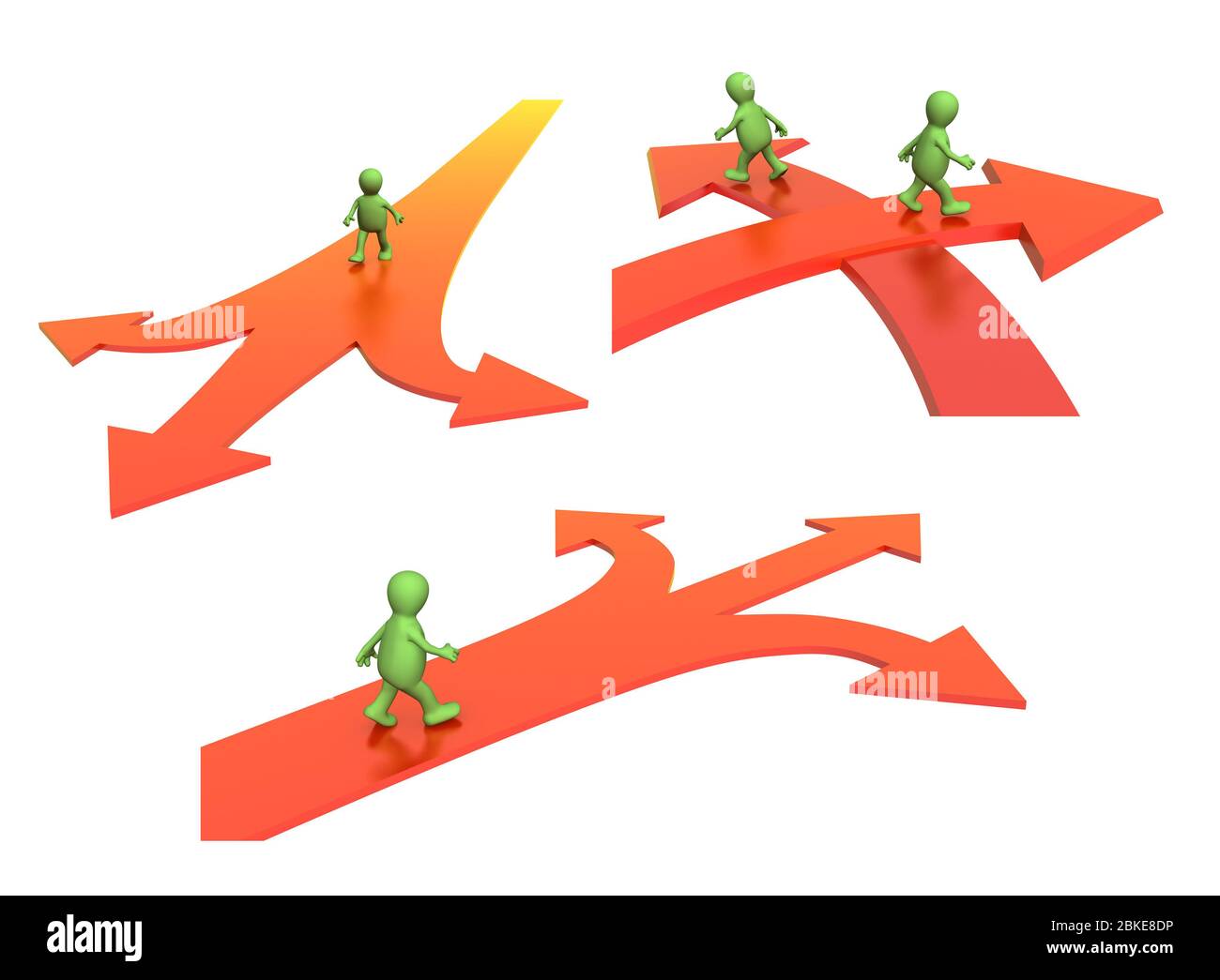 Two 3d mans go on bound arrows specifying different directions, puppet ...