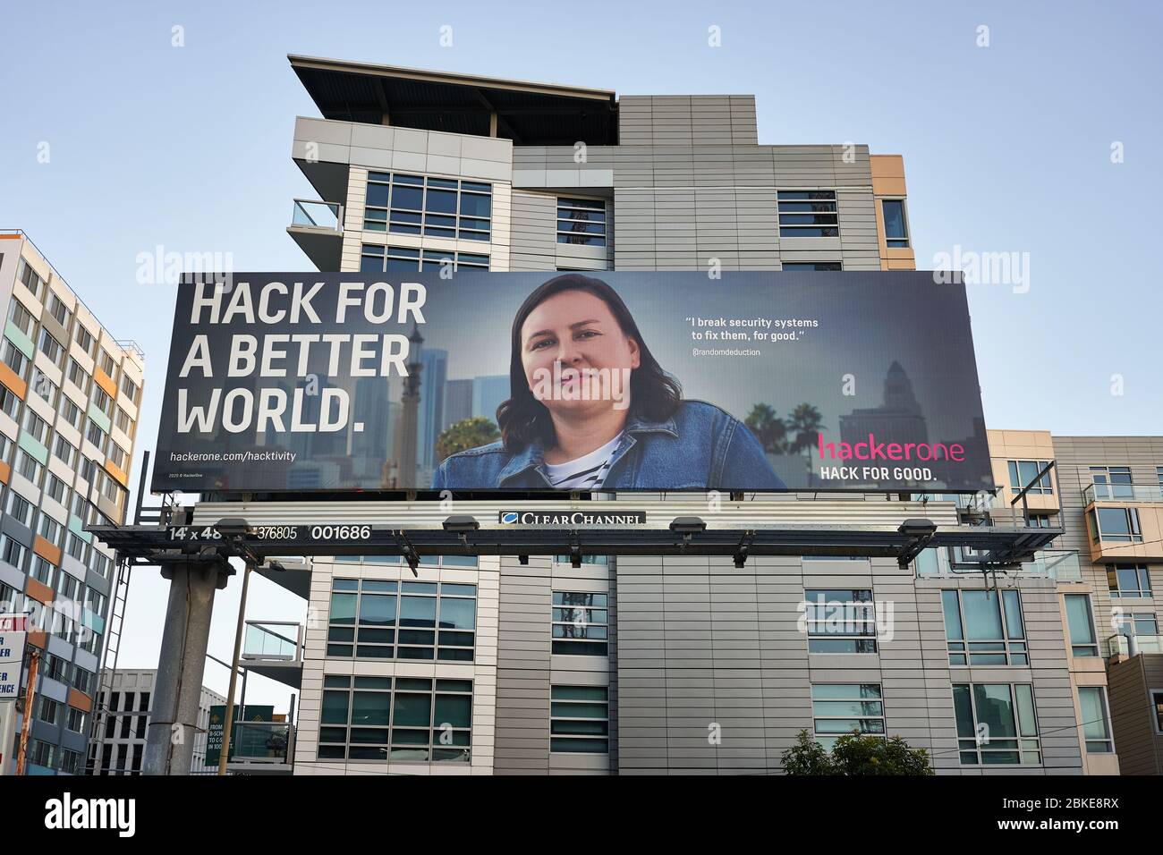 San-Francisco-based cybersecurity company HackerOne's billboard is seen in the city. HackerOne is a vulnerability coordination and bug bounty platform. Stock Photo