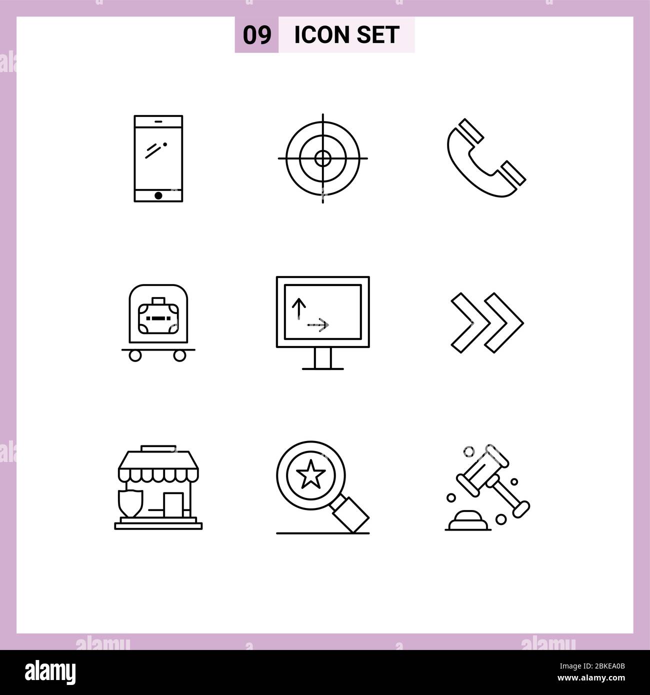 9 Thematic Vector Outlines and Editable Symbols of tv, bag, call, trolly, hotel Editable Vector Design Elements Stock Vector