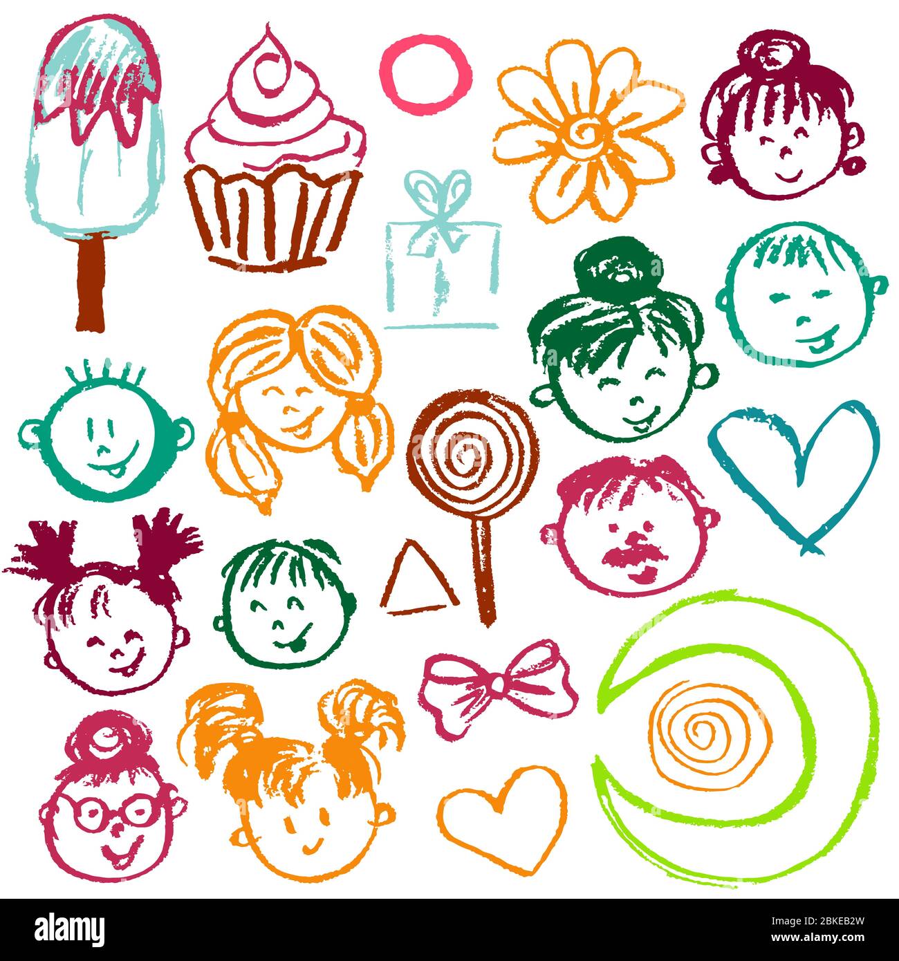 Set elements for your creativity. Children's drawings of wax crayons on a white background. People, faces, children, ice cream, cupcake Stock Vector