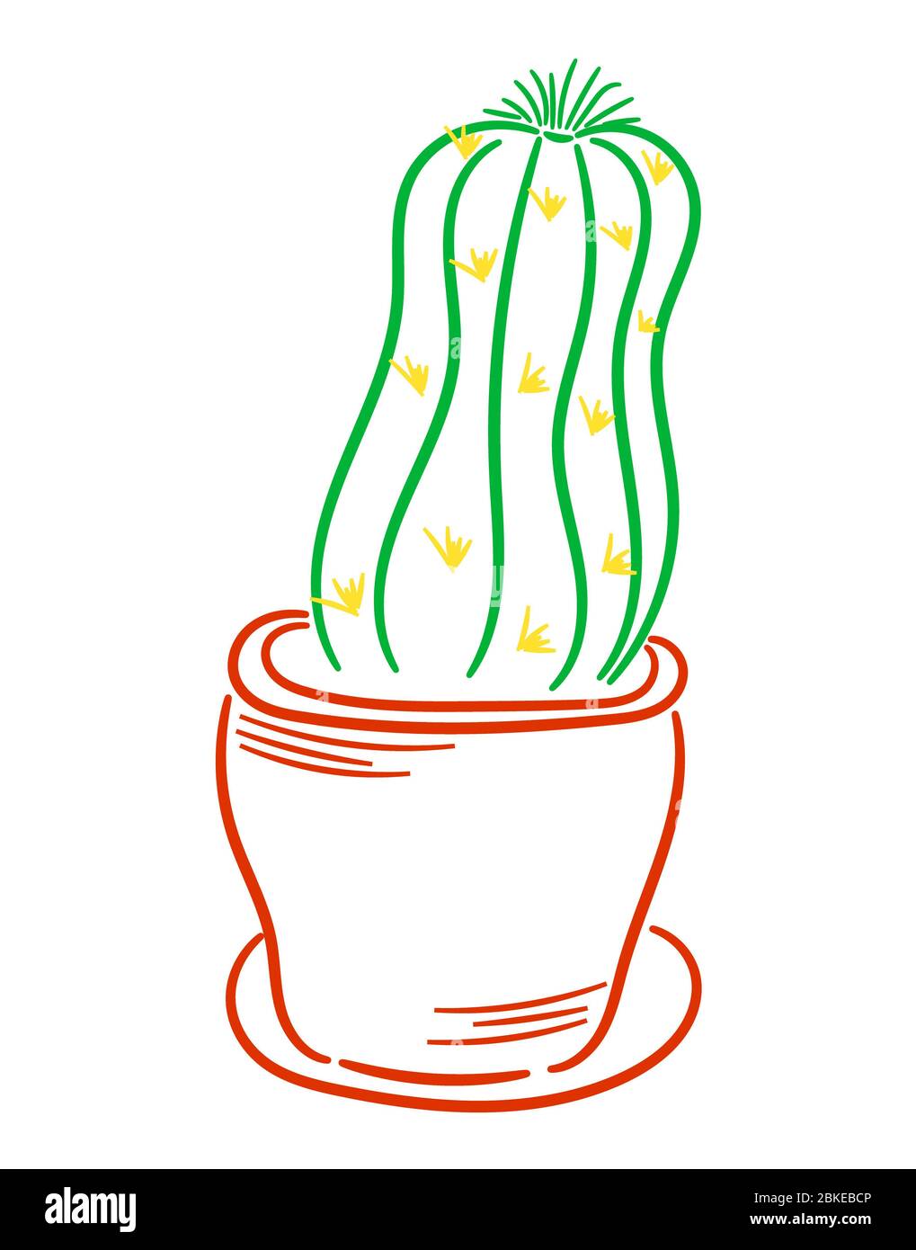 Linear drawing of a cactus. Cactus in a pot. Houseplant. Gardening.Isolated, white. Illustration Stock Photo