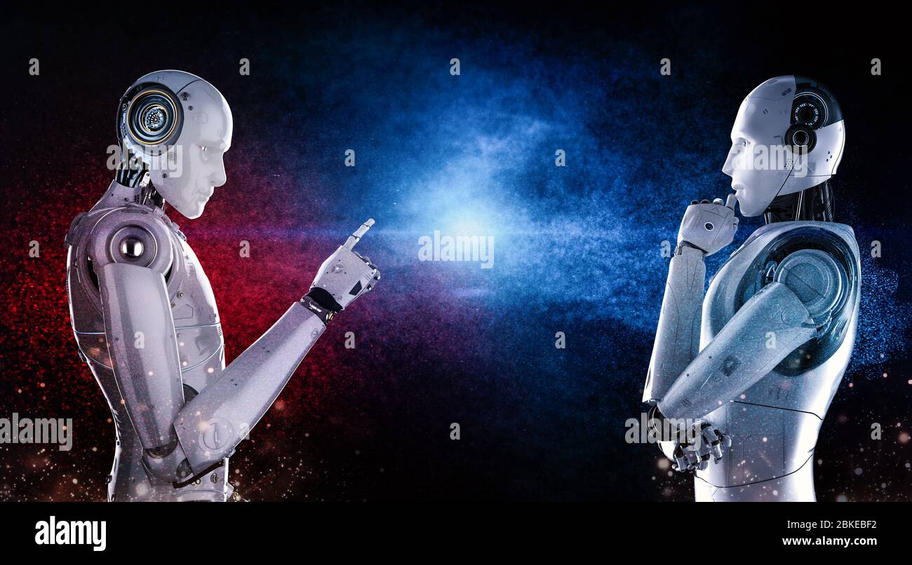 Technology confrontation concept with 3d rendering cyborg confront in red and blue side Stock Photo