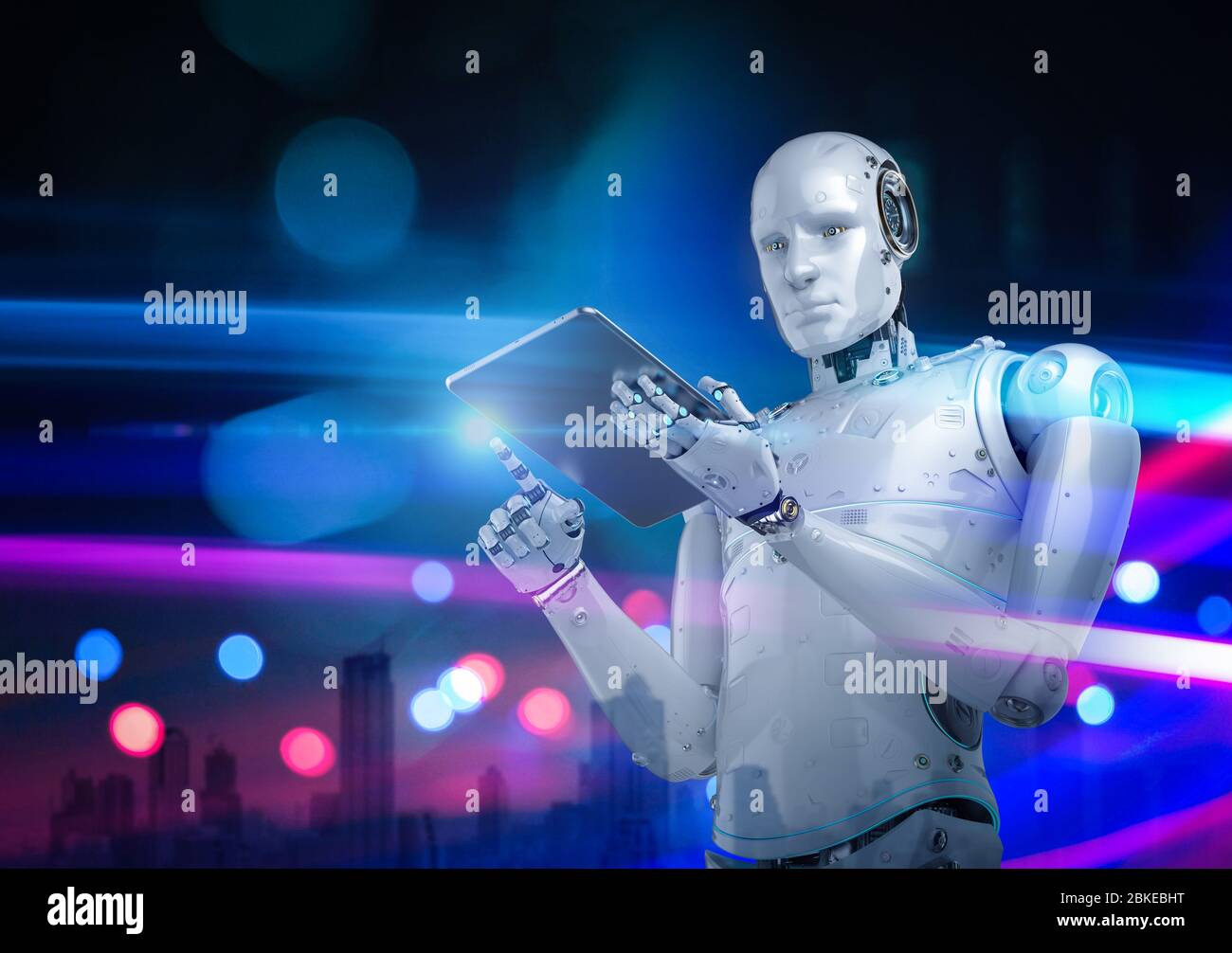 3d rendering cyborg or humanoid robot working with digital tablet Stock ...