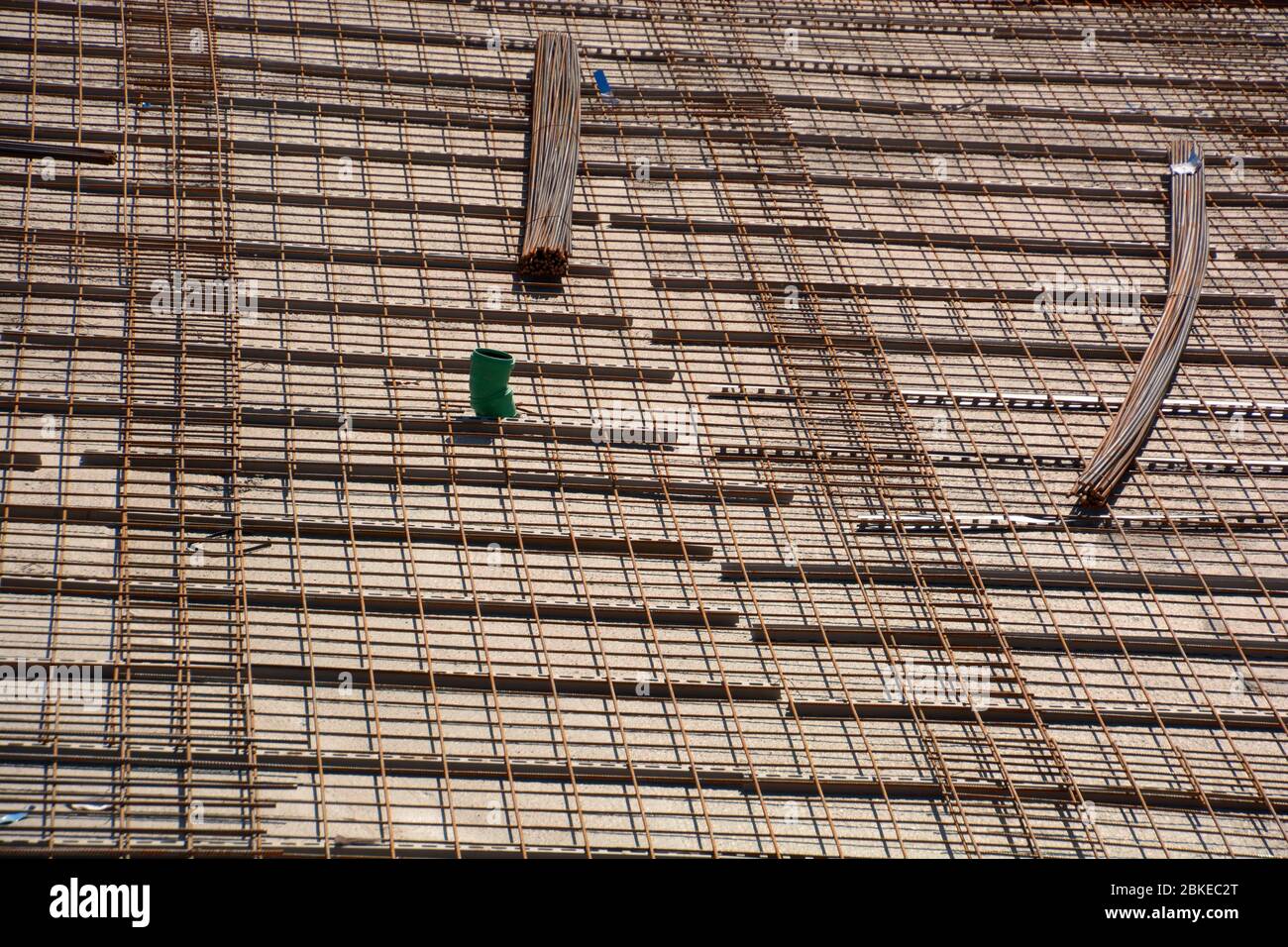 construction site with reinforced concrete foundation and Metal framework Stock Photo