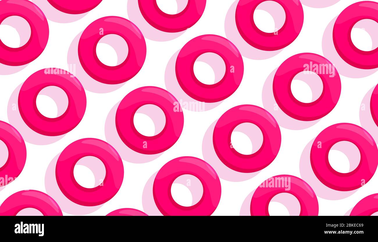 Creative pattern of pink rubber circles for swimming on a white ...