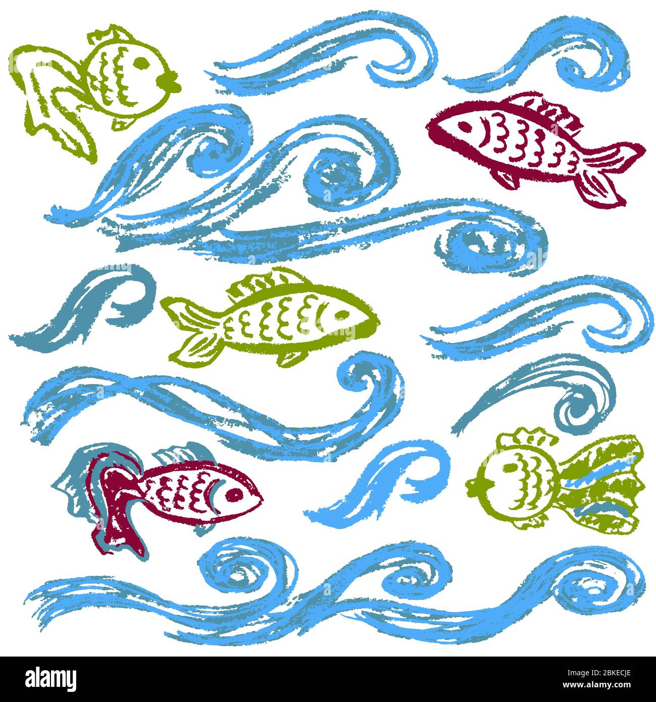 Set elements for your creativity. Children's drawings of wax crayons on a white background. Waves and fishes Stock Vector