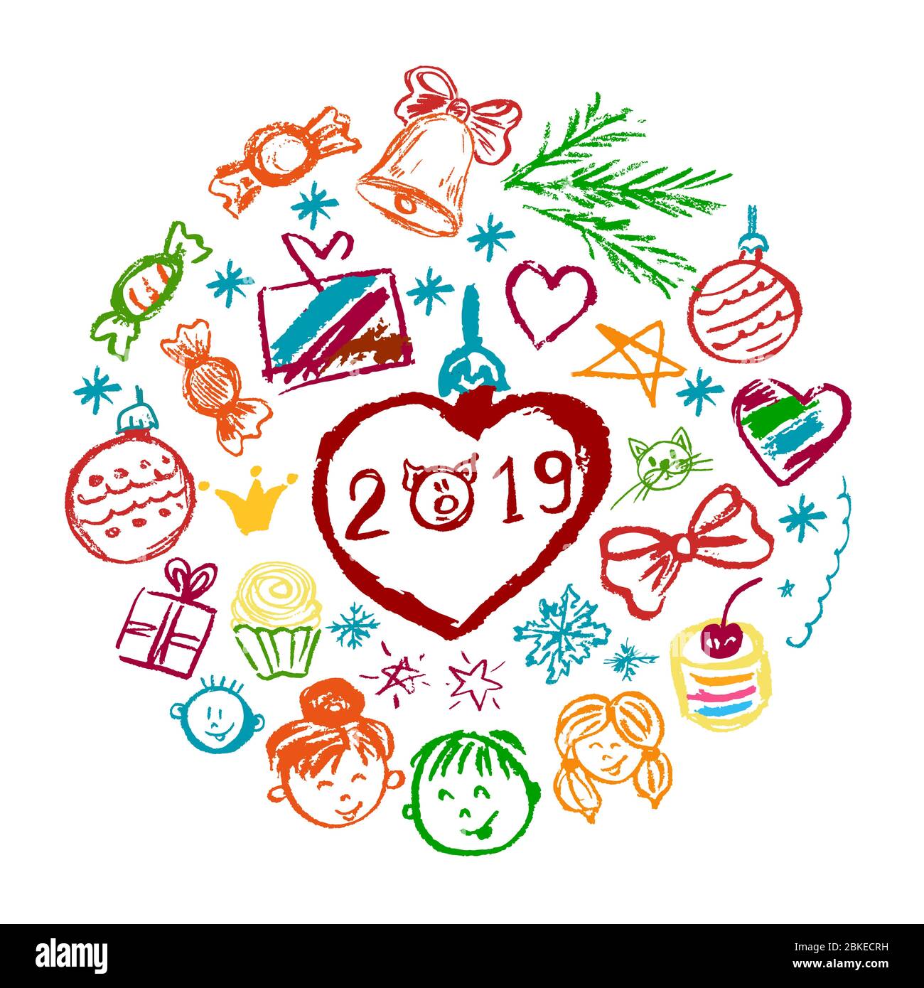 New Year 2019. New Year's set of elements for your creativity. Children's drawings of wax crayons on a white background. Christmas tree, Christmas tre Stock Vector