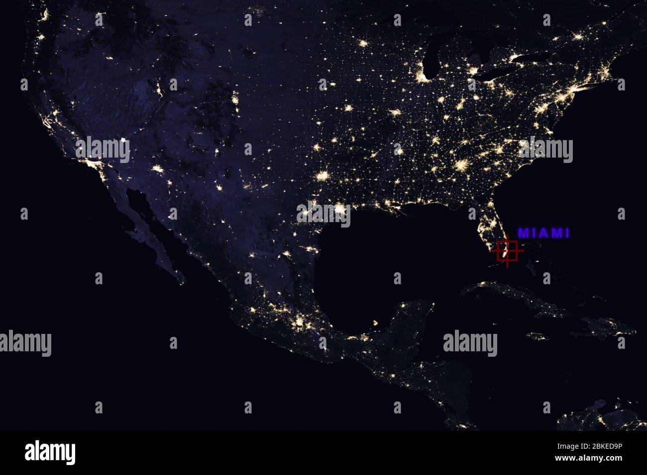 High Resolution Map Composition of USA at night pinpointing Miami, Florida - Elements of this image furnished by NASA Stock Photo