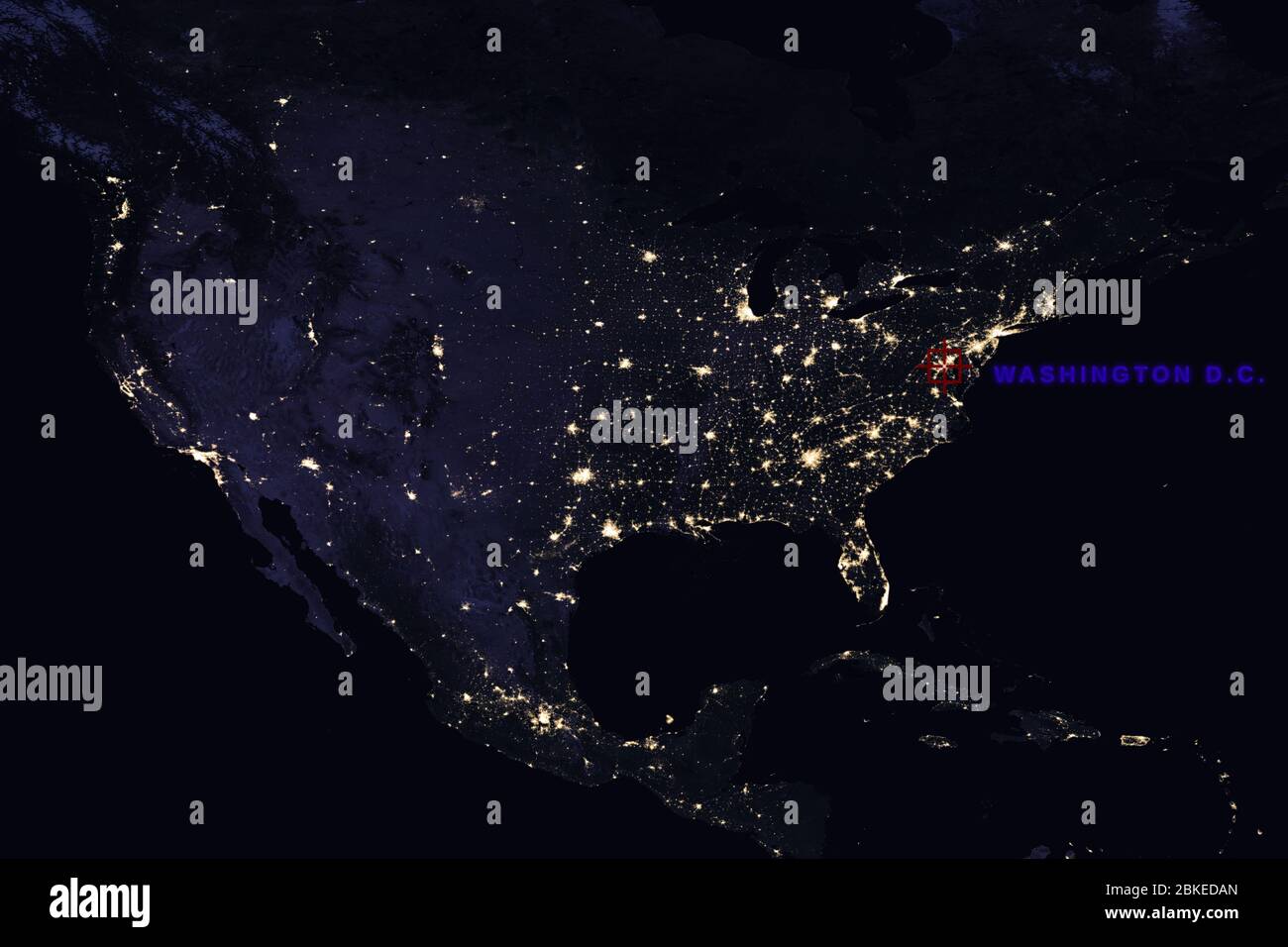 High Resolution Map Composition of USA at night pinpointing Washington, D.C. - Elements of this image furnished by NASA Stock Photo