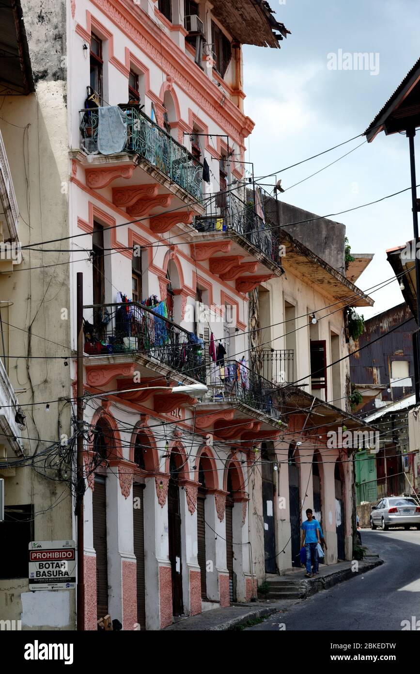 Construction and restoration of Spanish colonial architecture buildings in the old town of Casco Viejo, Panama City, Panama Stock Photo