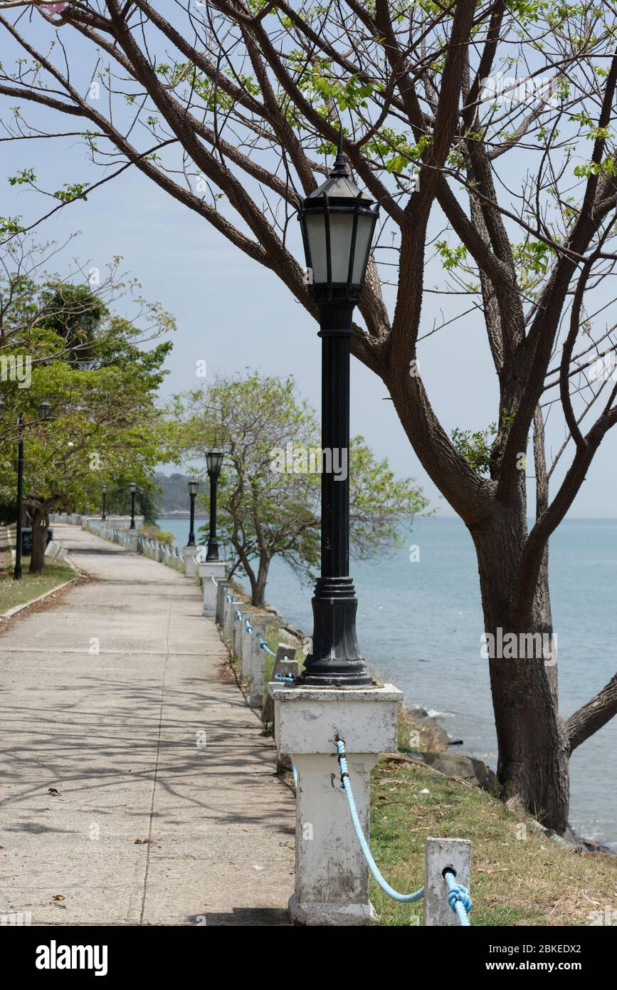 Streetlight and tree covered path by then entry to the panama canal, Panama City, Panama. Central America Stock Photo