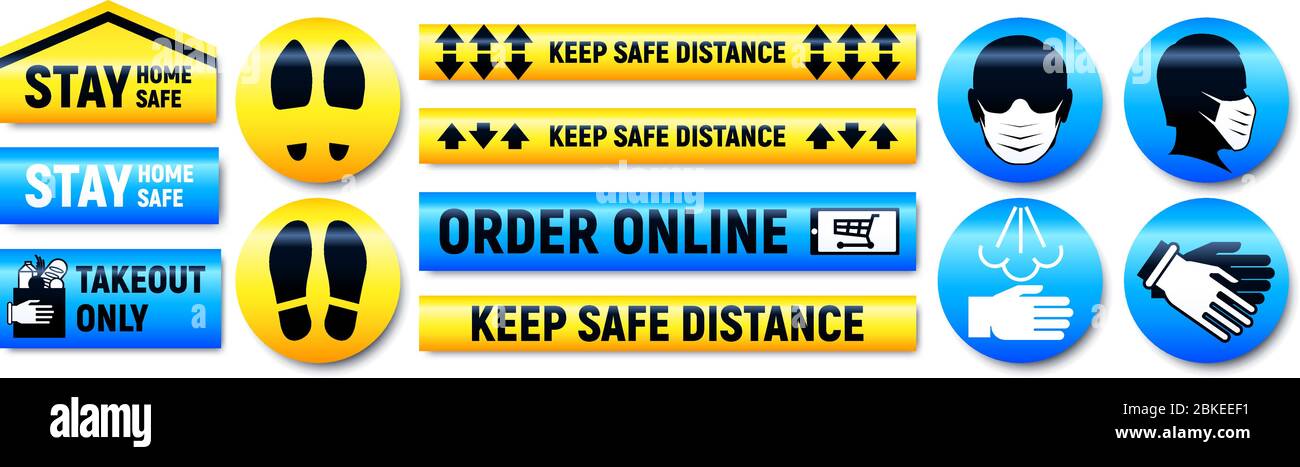 Keep Distance and Stay Home stickers and markers set for shop or supermarket during epidemic quarantine of coronavirus COVID-19 Stock Vector