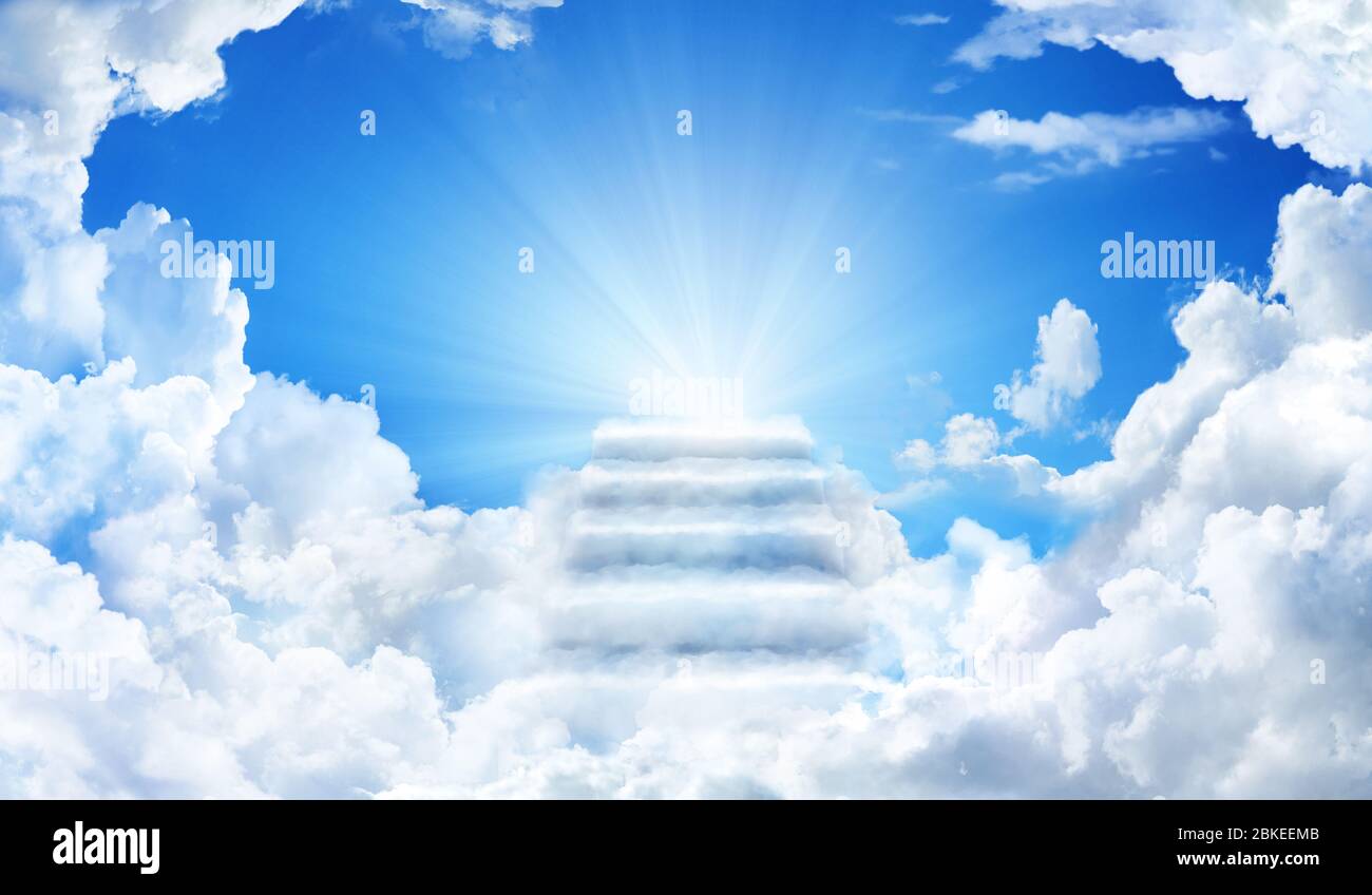 Cloud stairway to Heaven. Stairs in sky. Concept Religion background Stock Photo