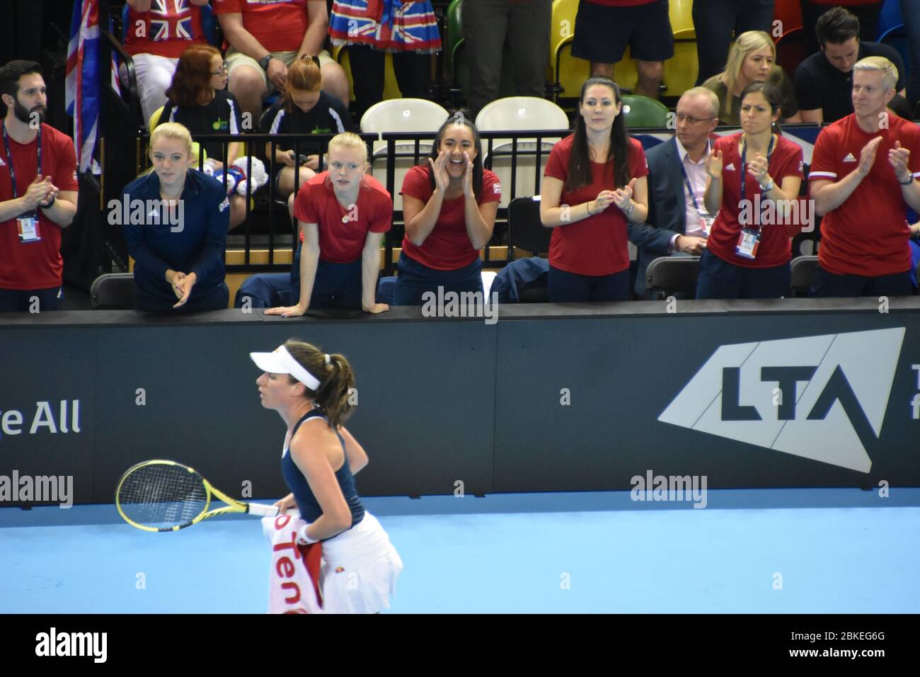 Team GB cheering on Johanna Konta in their Fed Cup match against Kazakhstan on the 21st of April 2019 at the Copper Box Arena, London, England, UK Stock Photo