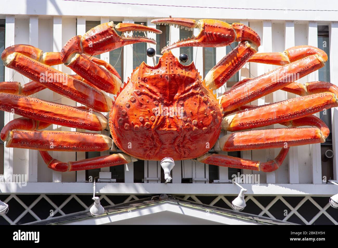 Osaka / Japan - May 21, 2018: Giant red mechanical crab advertising famous Kani Douraku restaurant in popular Dotonbori area, Osaka, Japan Stock Photo