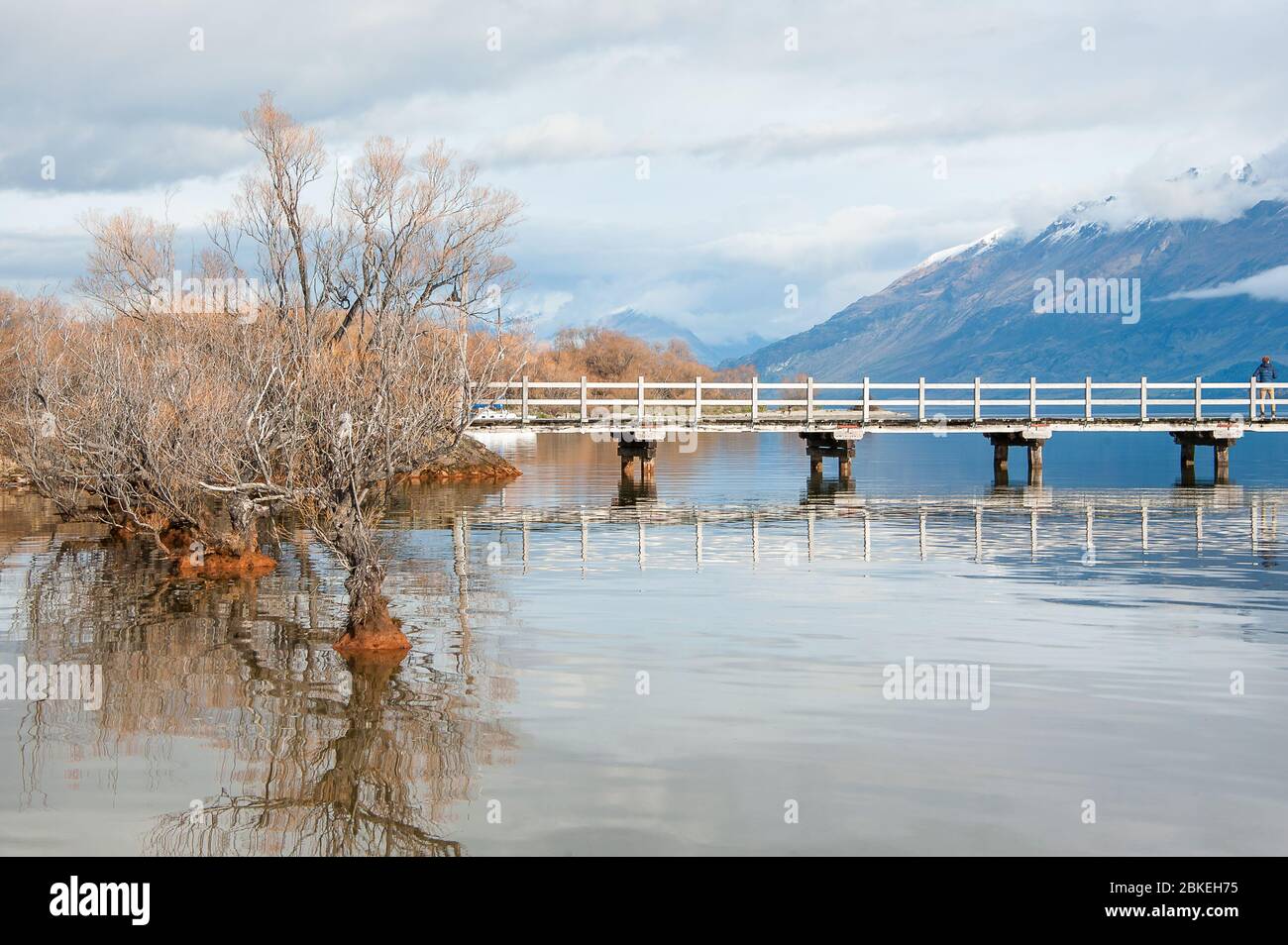 The Willows of Lake Wakatipu, Glenorchy, New Zealand.  Magical scene in winter time. Stock Photo