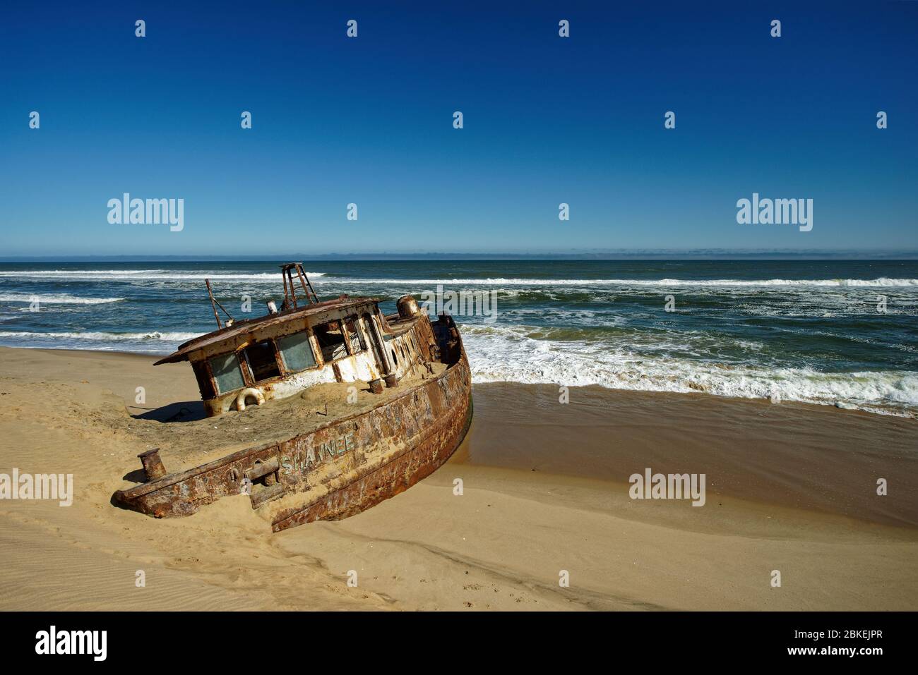 Shawnee shipwreck that was wrecked on the Skeleton Coast of Namibia, Atlantic coast of south west Africa. Stock Photo