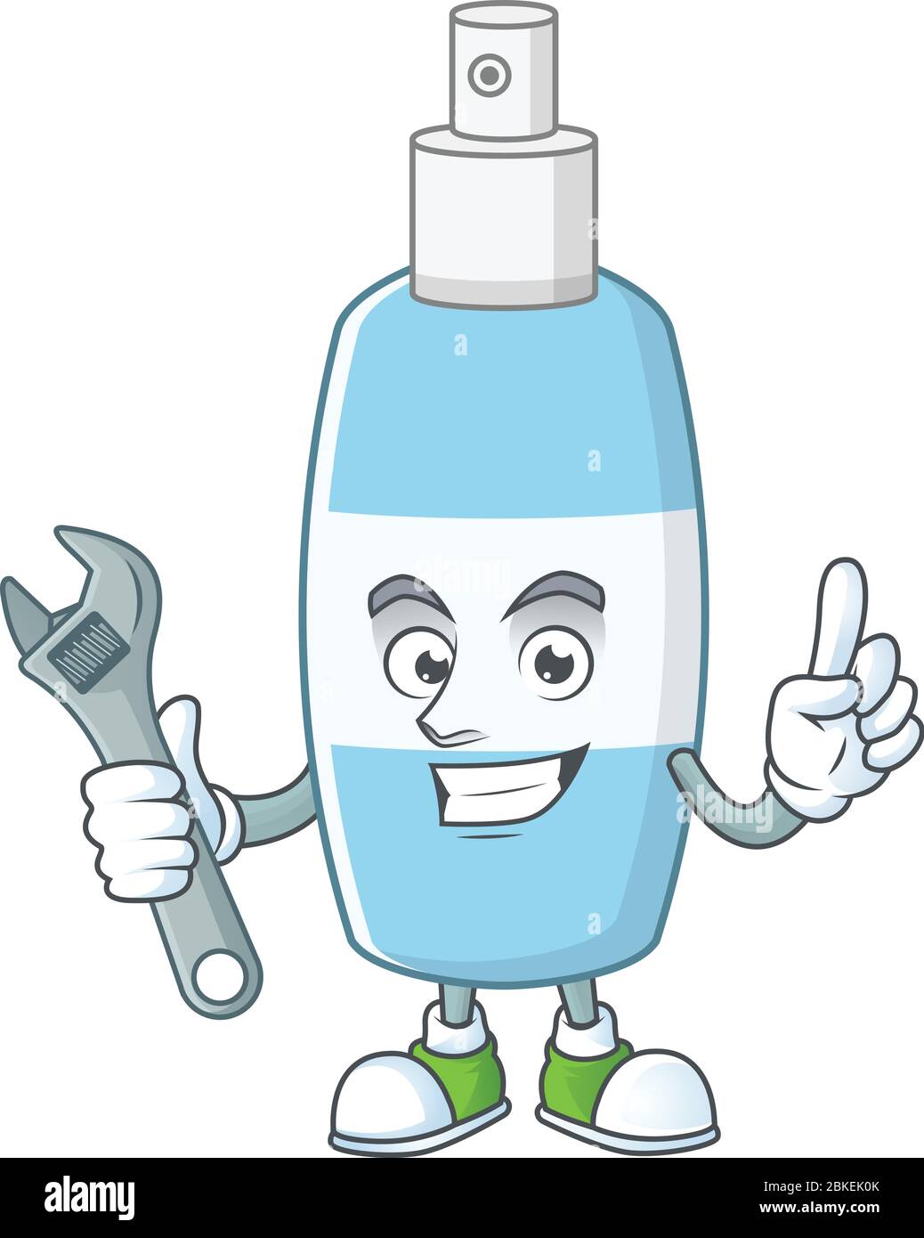 A mechanic spray hand sanitizer mascot character fix a broken machine