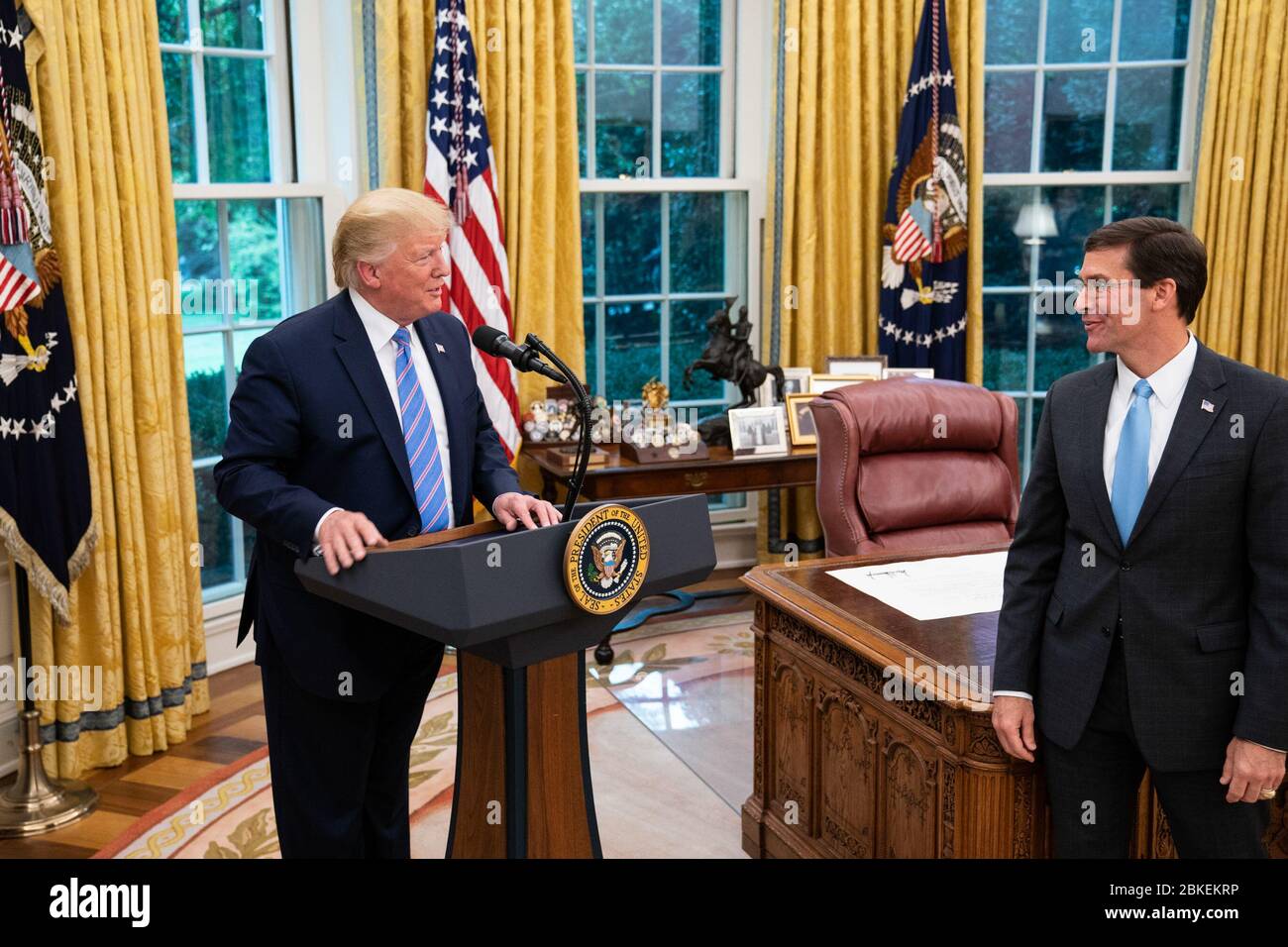 President Donald J. Trump addresses his remarks at the swearing-in ceremony for new Secretary of Defense Mark Esper on Tuesday, July 23, 2019, in the Oval Office of the White House. Swearing-in Ceremony for Secretary of Defense Mark Esper Stock Photo