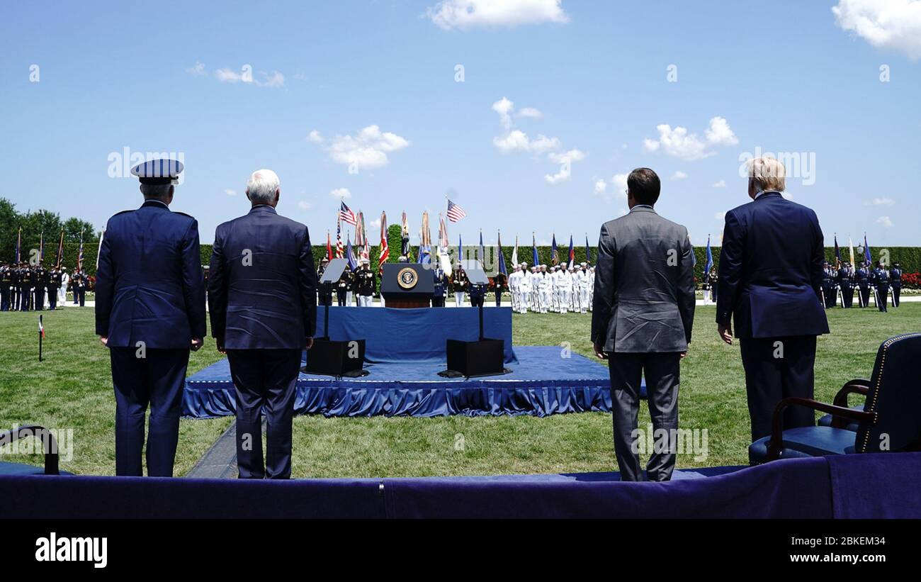 President Donald J. Trump,  joined by Vice President Mike Pence, attends the Full Honors Ceremony for Secretary of Defense Esper Thursday, July 25, 2019, at the Pentagon in Arlington, Va. Full Honors Ceremony for Secretary of Defense Mark Esper Stock Photo