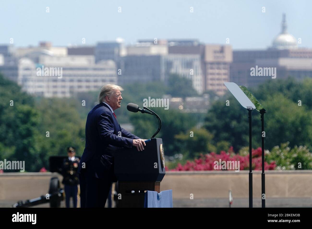 President Donald J. Trump addresses his remarks at the Full Honors Ceremony for Secretary of Defense Esper Thursday, July 25, 2019, at the Pentagon in Arlington, Va. Full Honors Ceremony for Secretary of Defense Mark Esper Stock Photo